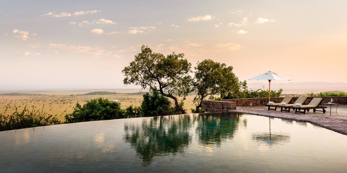 There is a swimming pool with a view of the savannah.
