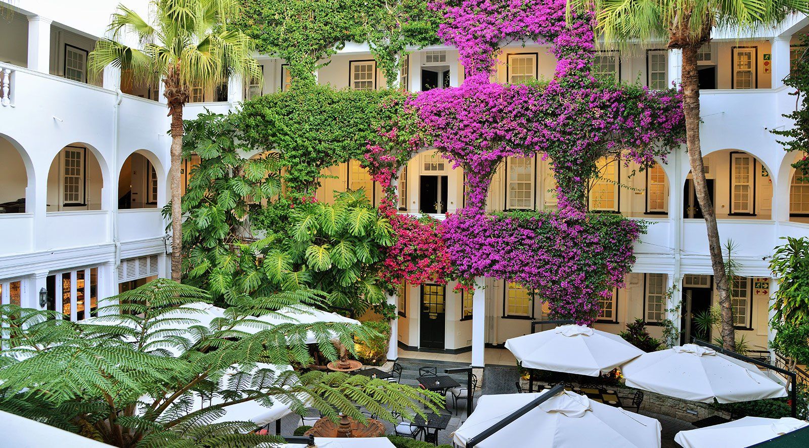 A large white building with purple flowers on the side of it