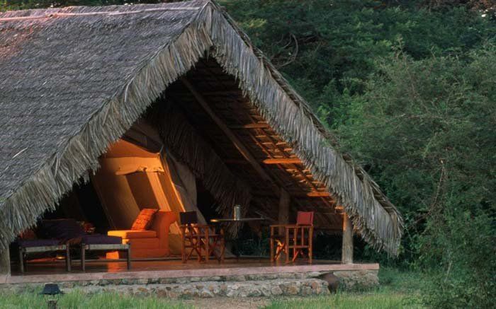 A tent with a thatched roof is lit up at night