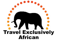 A logo for travel exclusively african with an elephant in the middle.