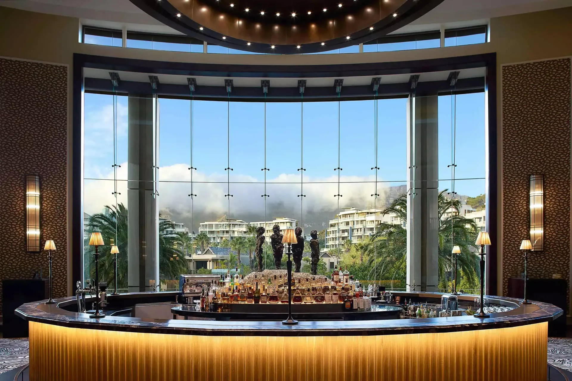 A large window with a bar in front of it