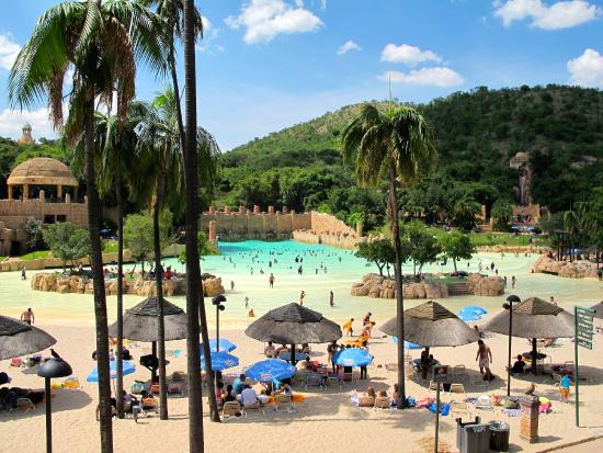 A beach with palm trees and umbrellas and a pool in the background