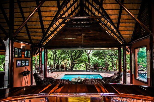 A gazebo with a swimming pool in the background