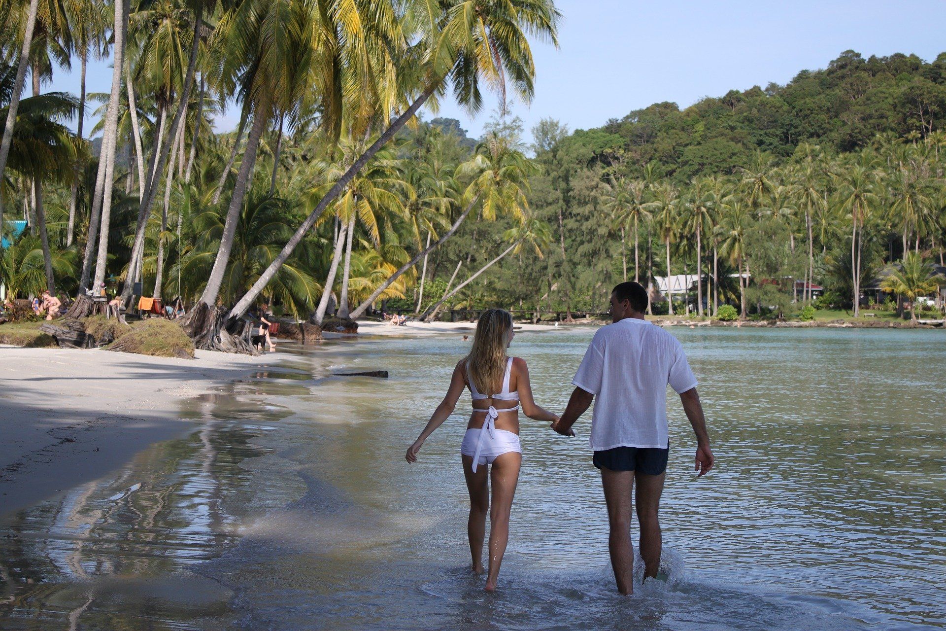 A man and a woman are walking on a beach holding hands.