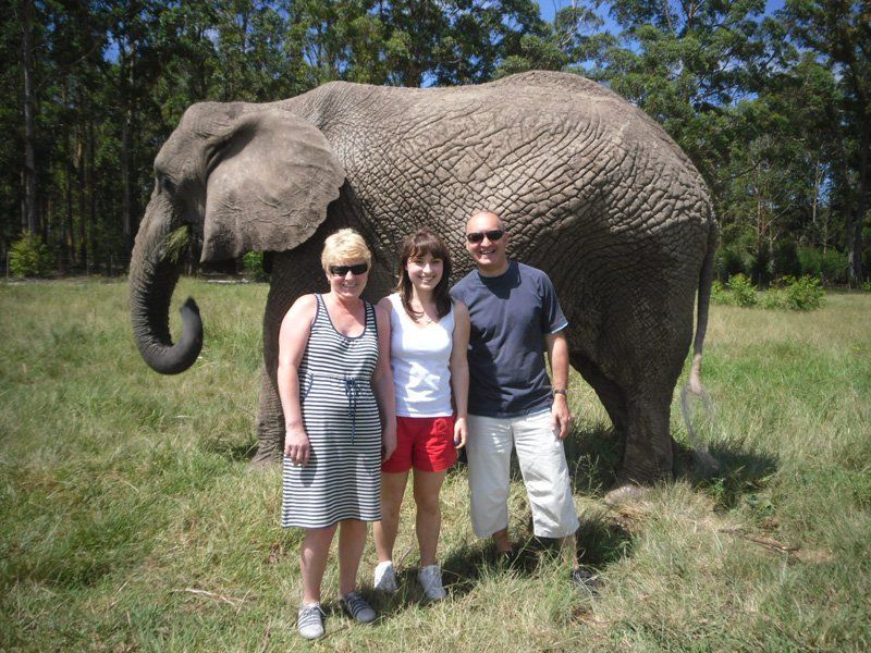 Three people standing in front of an elephant wearing ny shirts