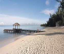 A beach with a dock and a gazebo in the water.