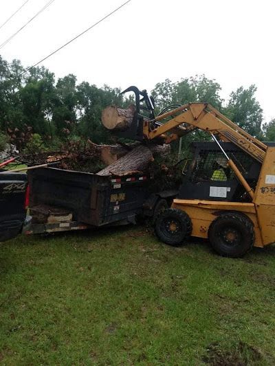 A yellow tractor is loading a large log into a truck.