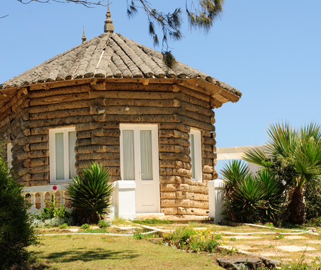 A small wooden house with a thatched roof