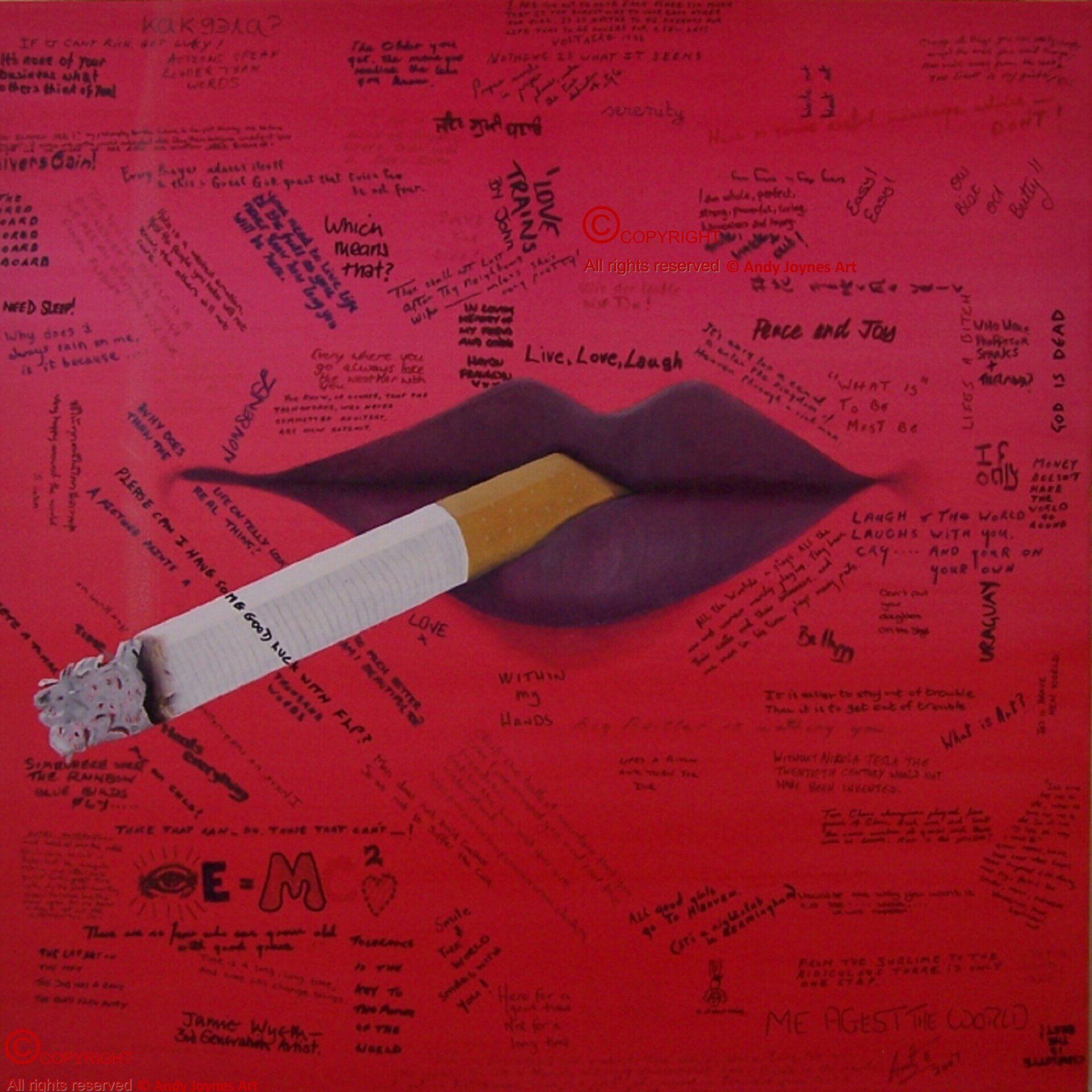 A surreal image of a mouth smoking a cigarette with random messages written all over  the image