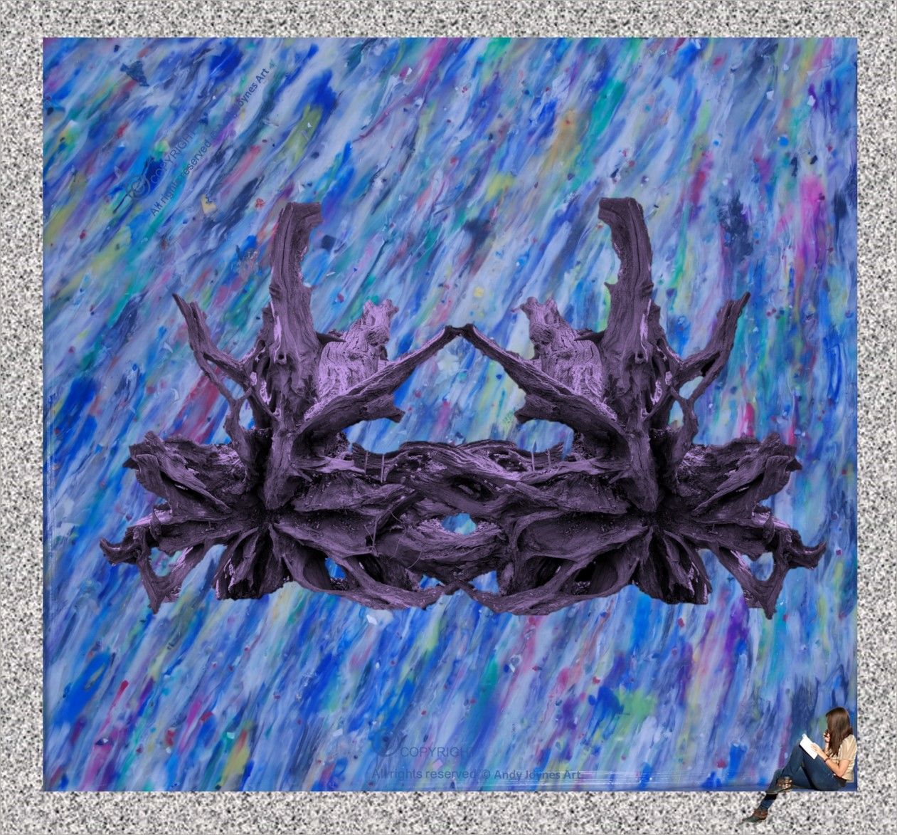 a moving sculpture created by Andy Joynes art. An image of a surreal sculpture positioned against a vibrant colourful background with the brush strokes all going in the same direction, creating the appearance of movement.