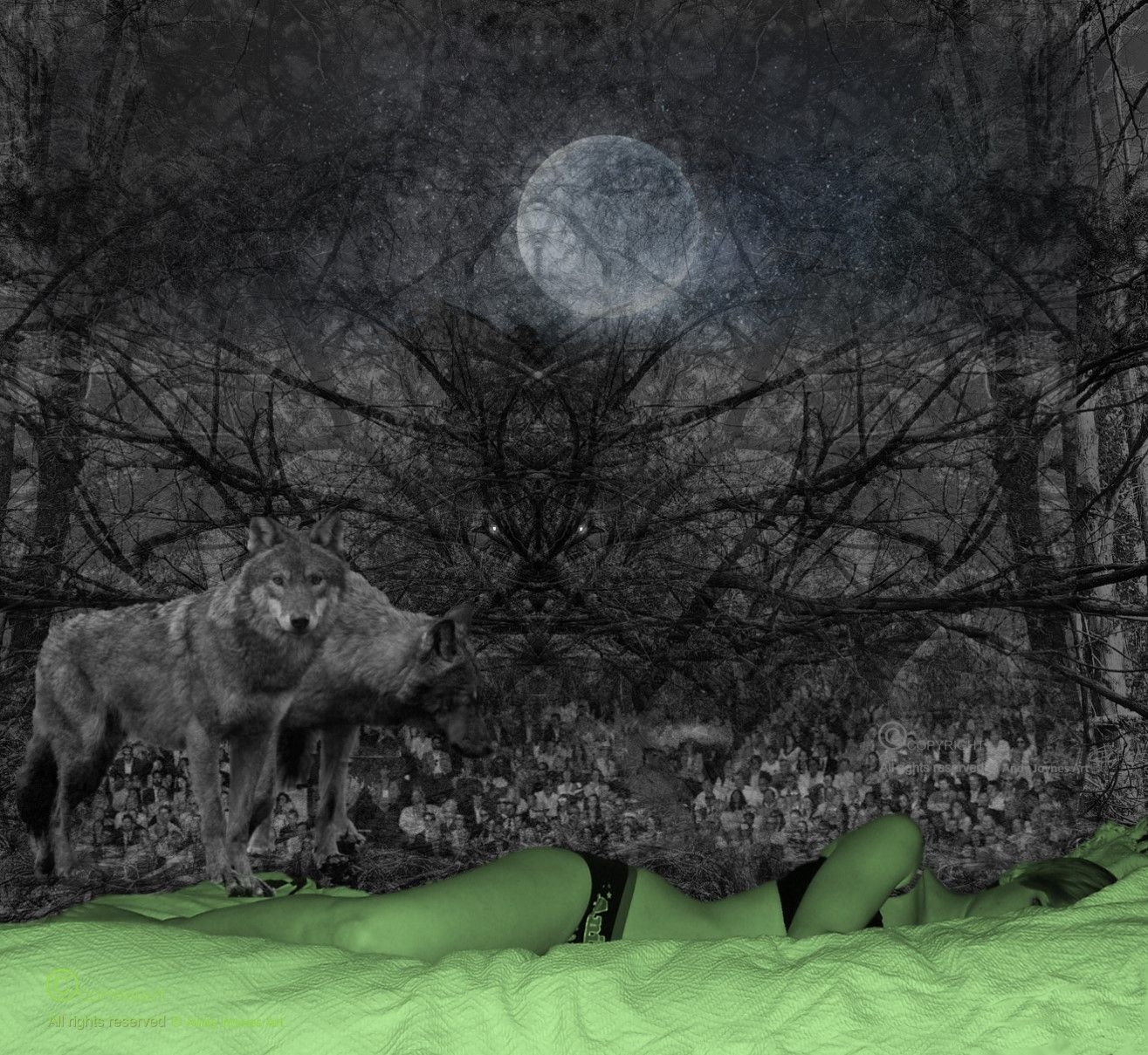 A surreal image of a woman lying in a forest with a full moon and two wolves