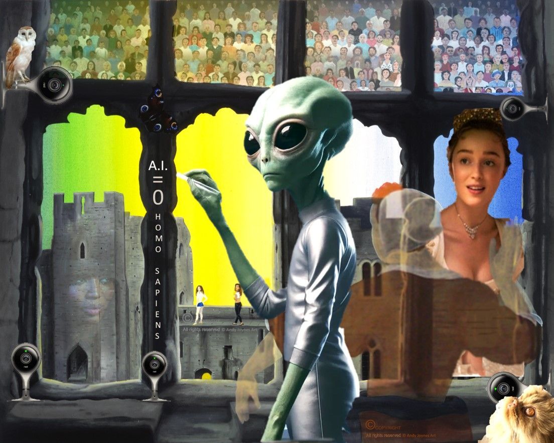  This image is an attempt to portray human history from the medieval period when humans were controlled by a powerful elite in their castles, through to the modern era when we are looking at the possibility that we may be allowing our future to be ruled by a powerful elite of independent algorithmic robots.