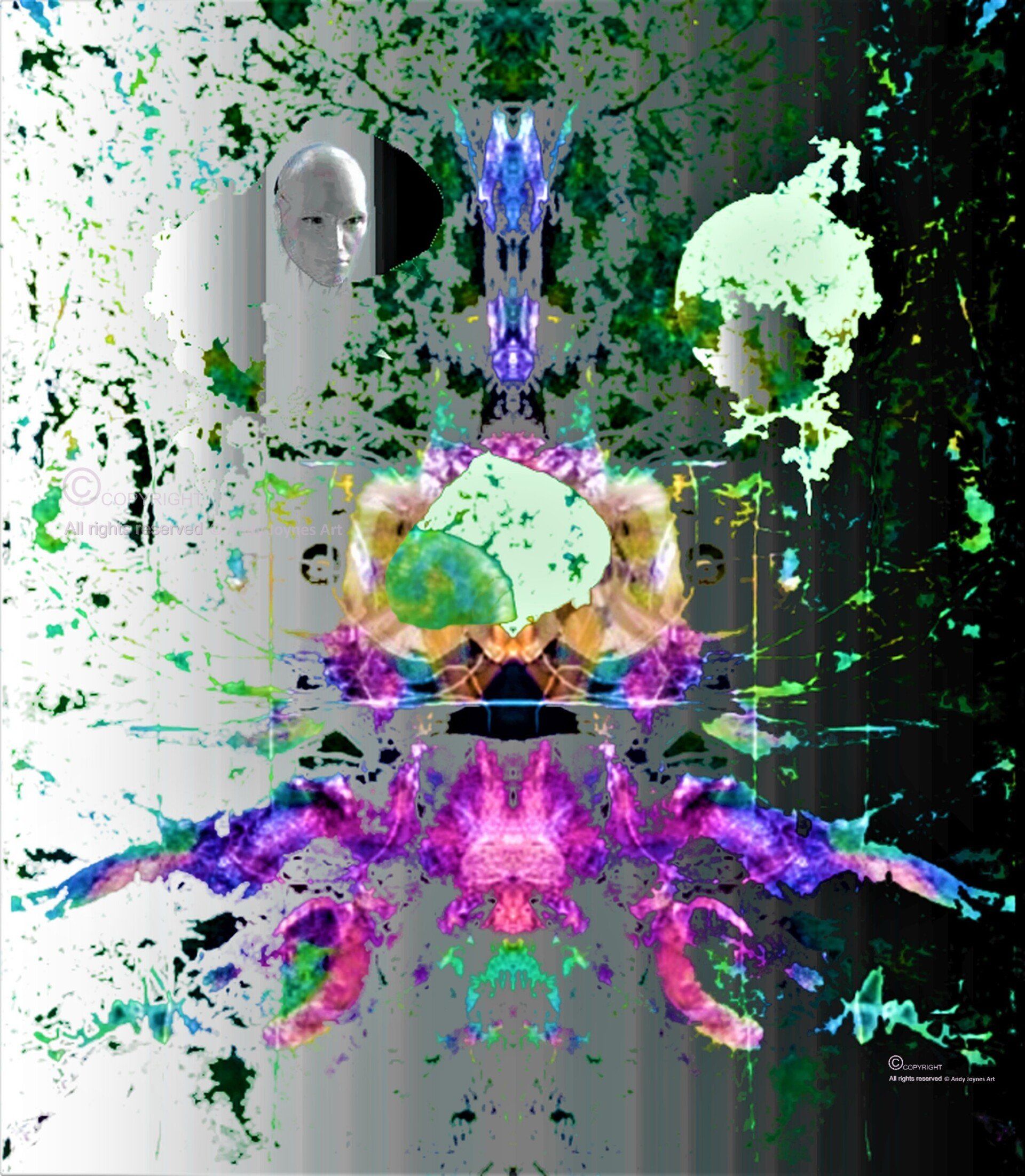 A surreal image made up of abstract thoughts while a robot's head watches