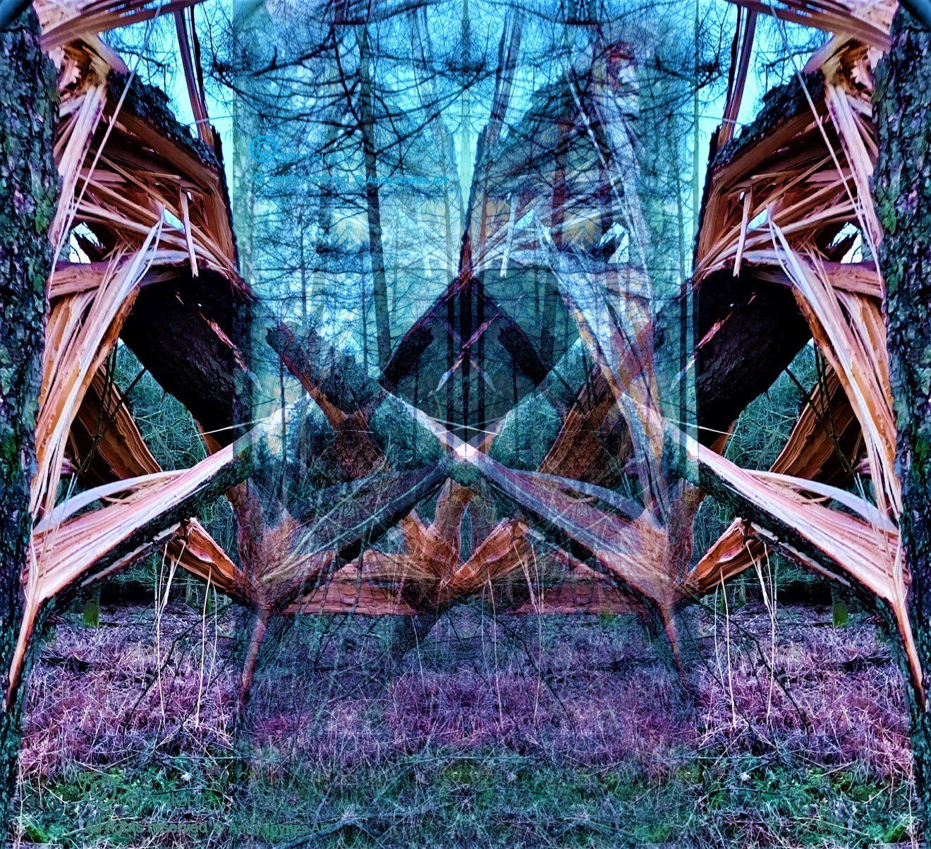 An architectural sculpture using the branches of a fallen tree