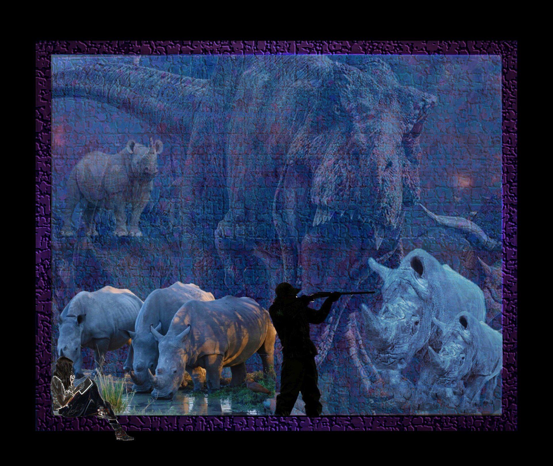 A man shooting endangered Rhinoceros and in the background a Tyrannosaurus is trying to save them