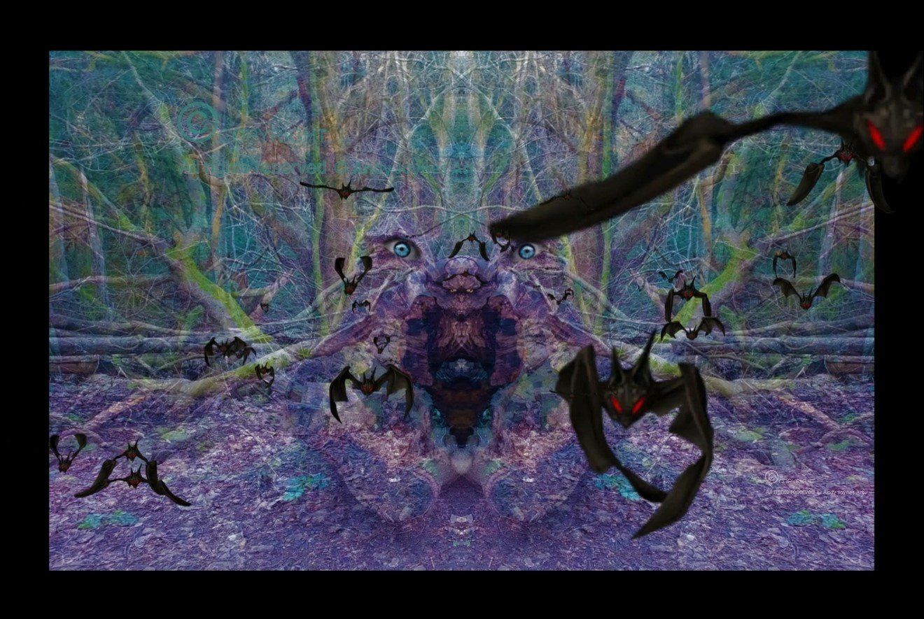 Bats flying towards the onlooker from deep in the woods