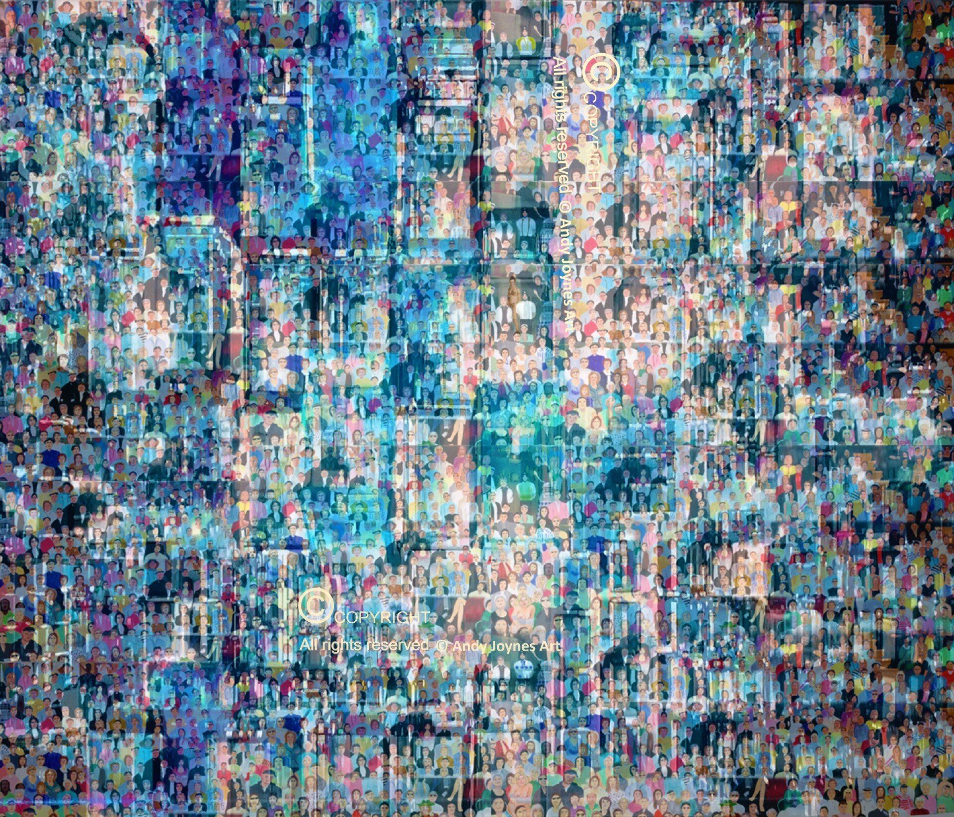 An abstract crowd scene in blue buildings