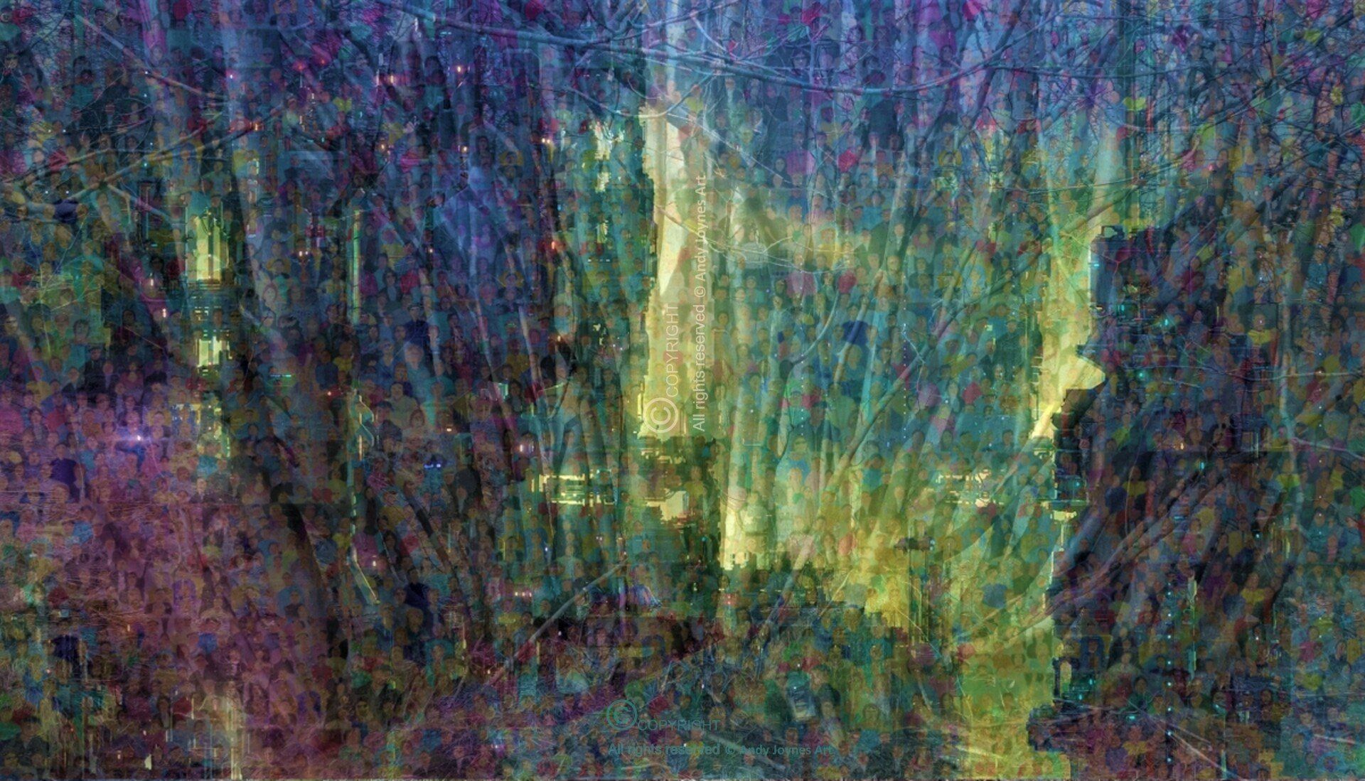 An abstract scene of dense woodland and heavy industry