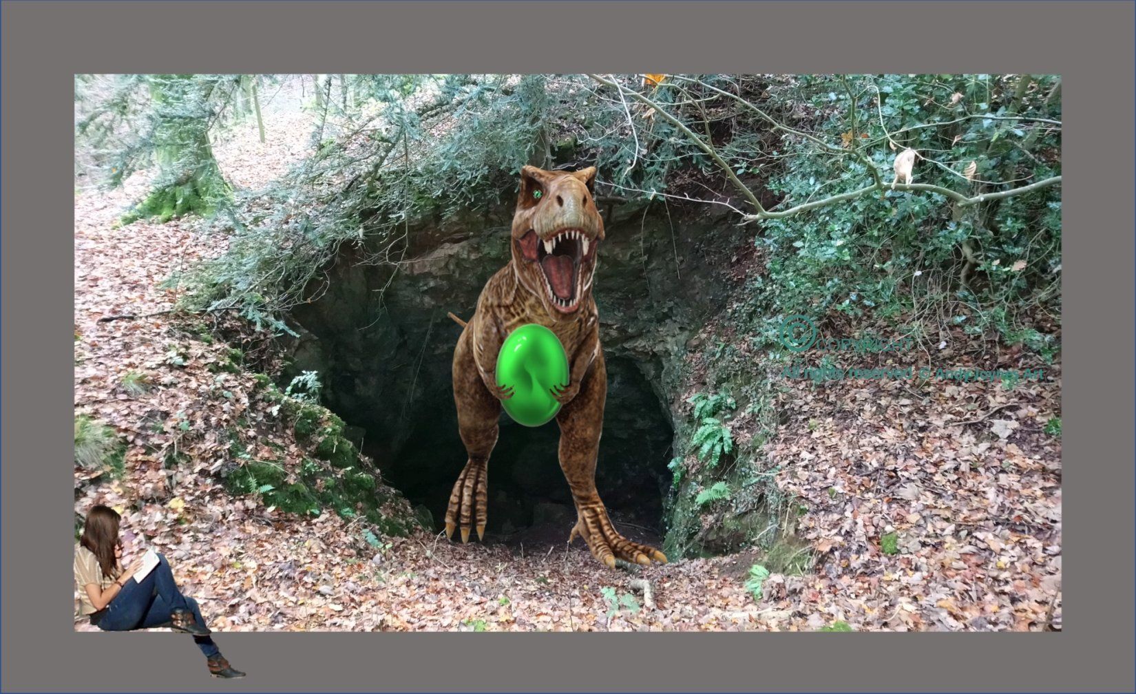 A picture of a Tyrannosaurus emerging from a woodland iron mine