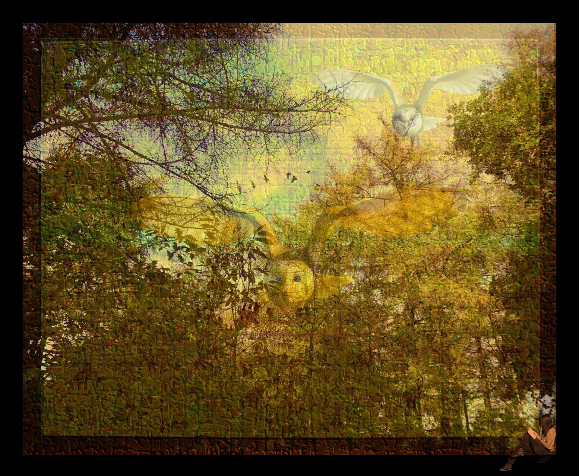 Endangered Barn Owls flying through woodland