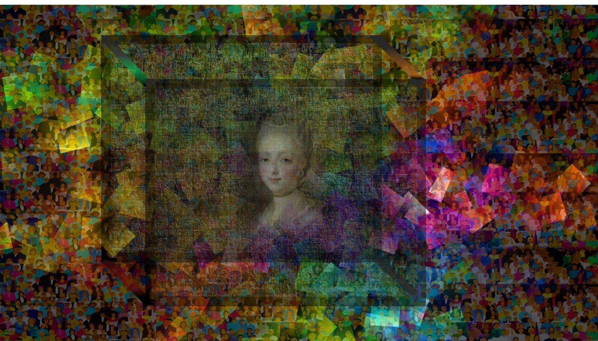 A background of brightly coloured cubes with a picture of Marie Antoinette in the foreground