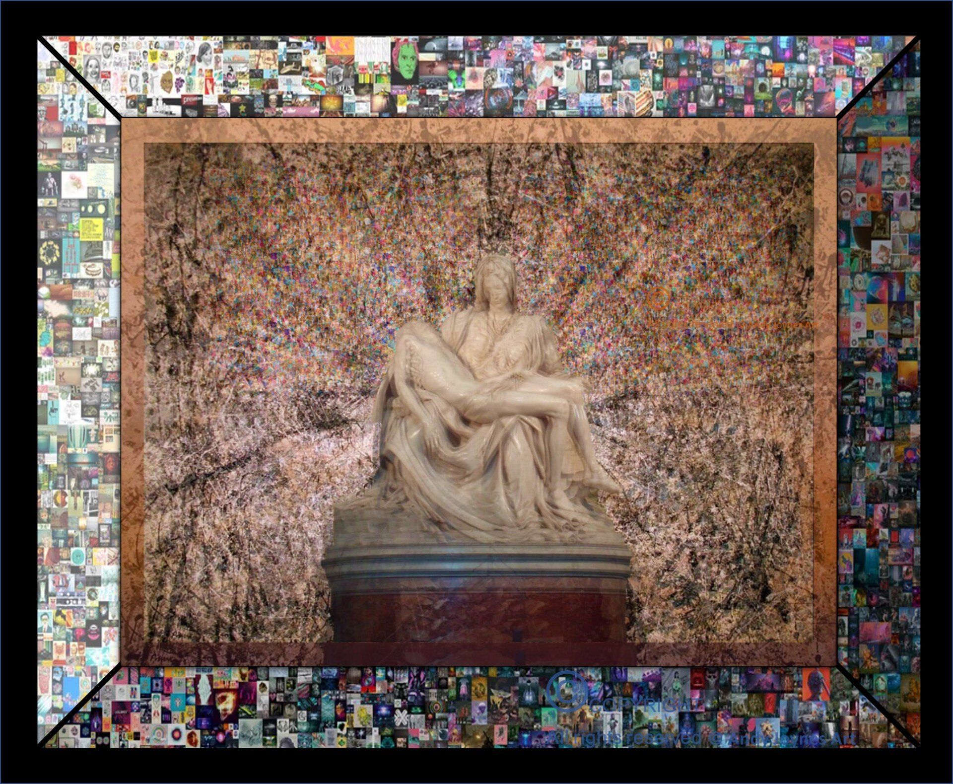 A conceptual masterpiece combining images from Michelangelo, Jackson Pollock and Beeple