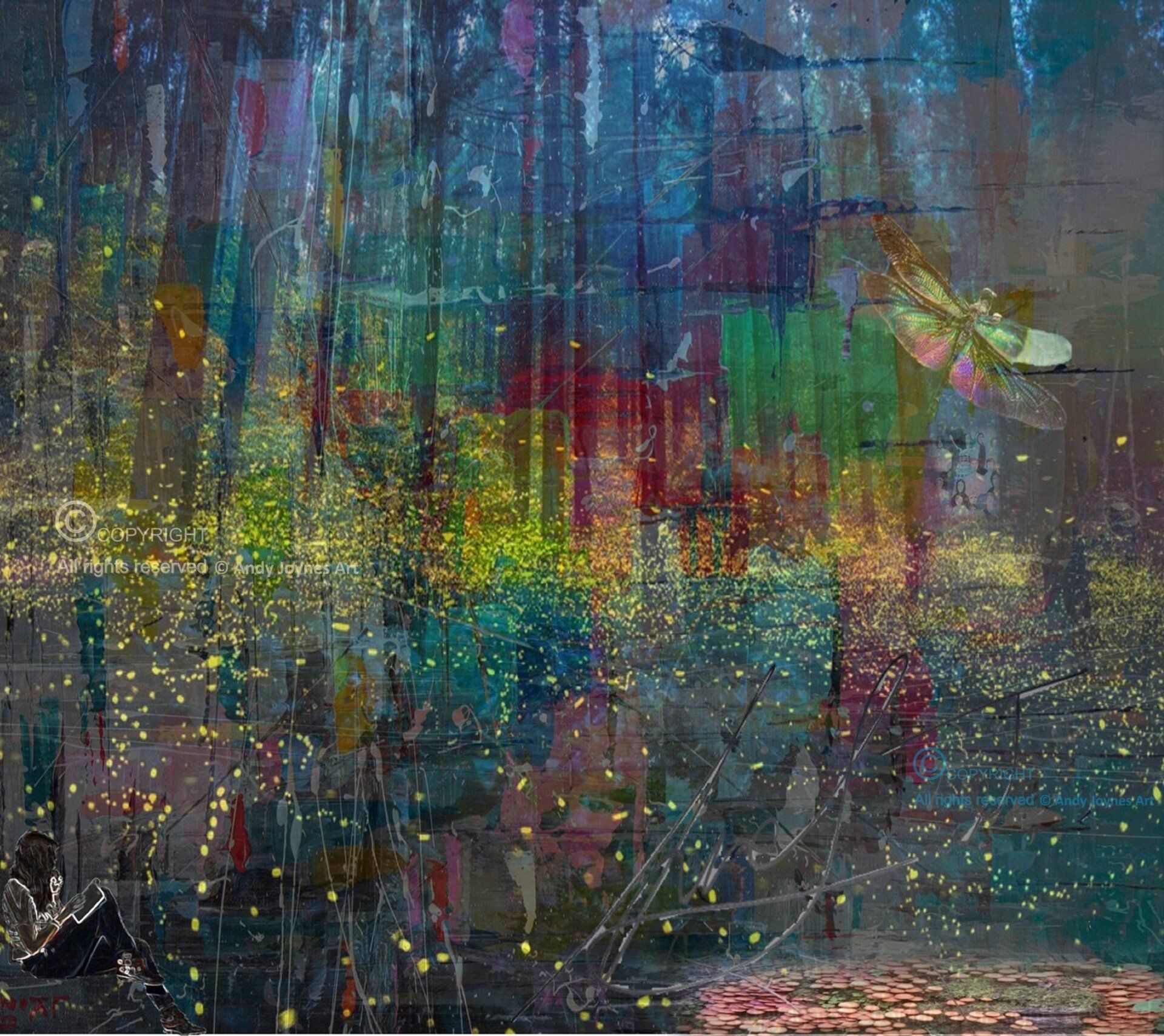 Surreal forest scene with magic mushrooms