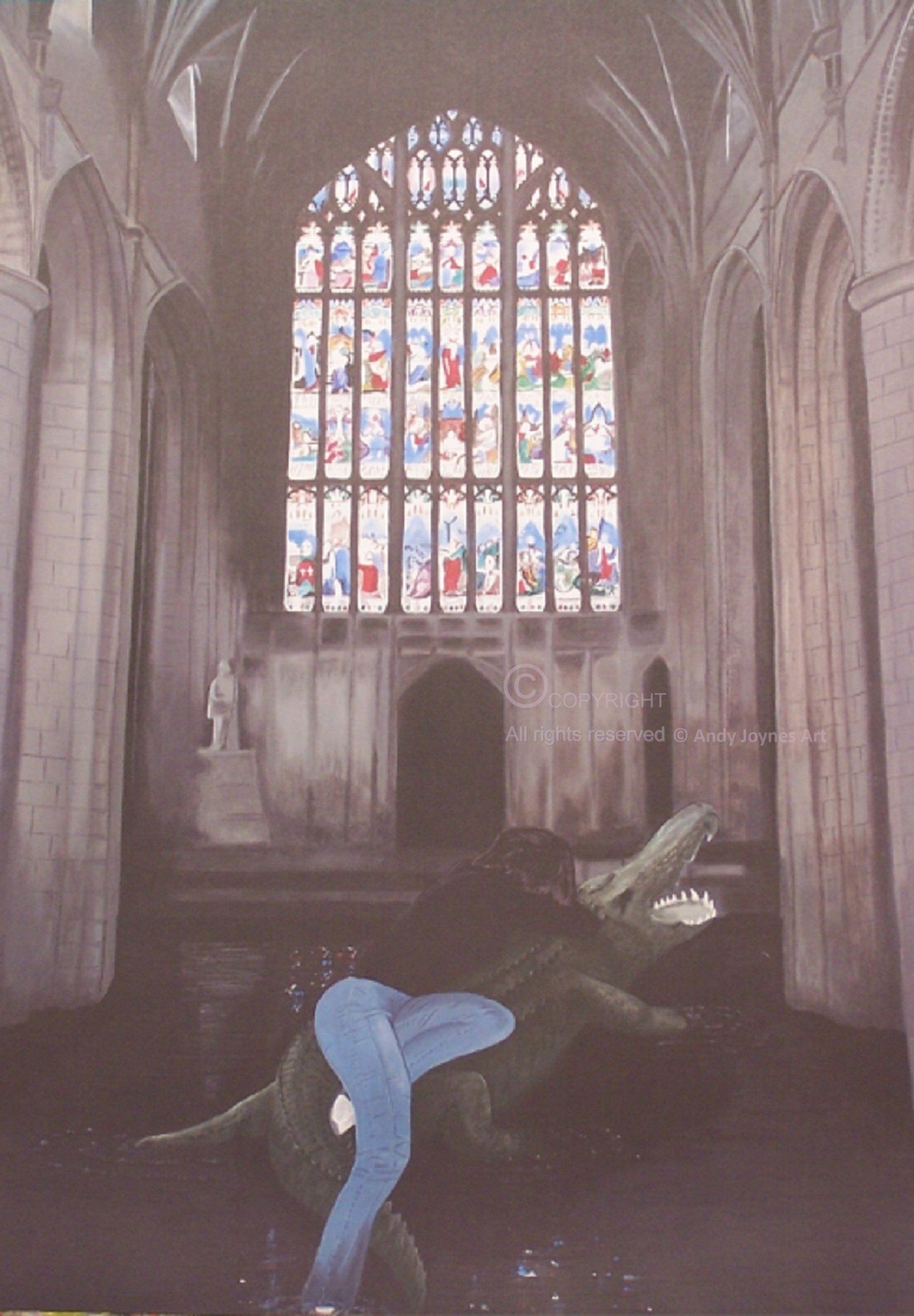 Interior of Gloucester Cathedral with the large coloured glass window . There is a girl on the back of a crocodile in the foreground