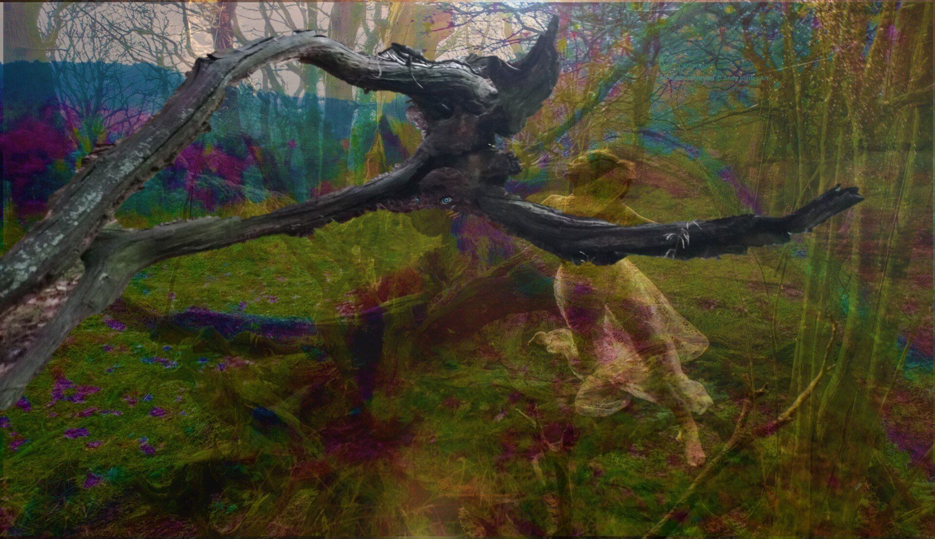 A complicated forest scene dominated by a ancient tree branches in the foreground with a Siren swimming amongst them