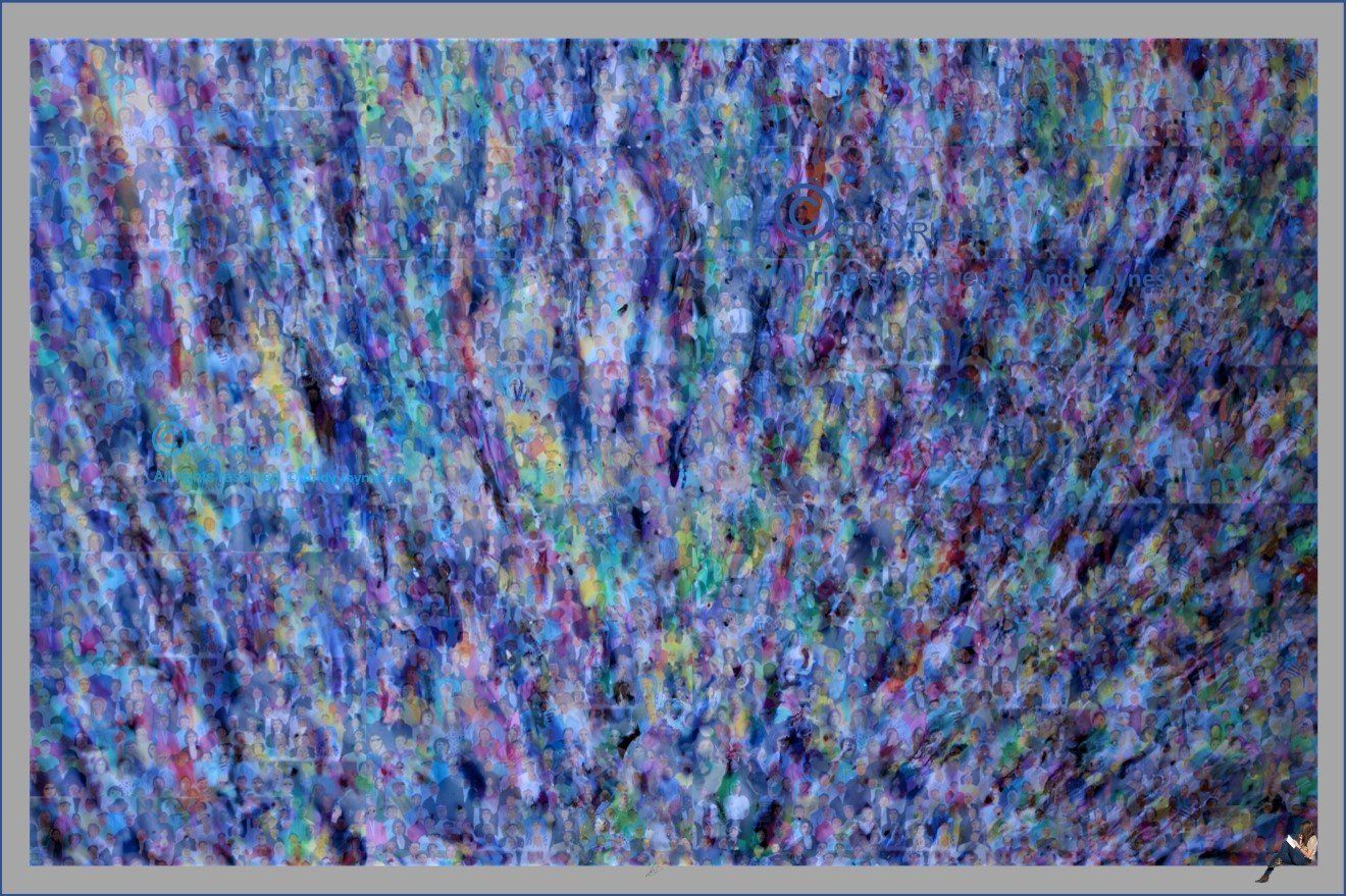 An abstract burst of colour with a camouflaged  crowd of people