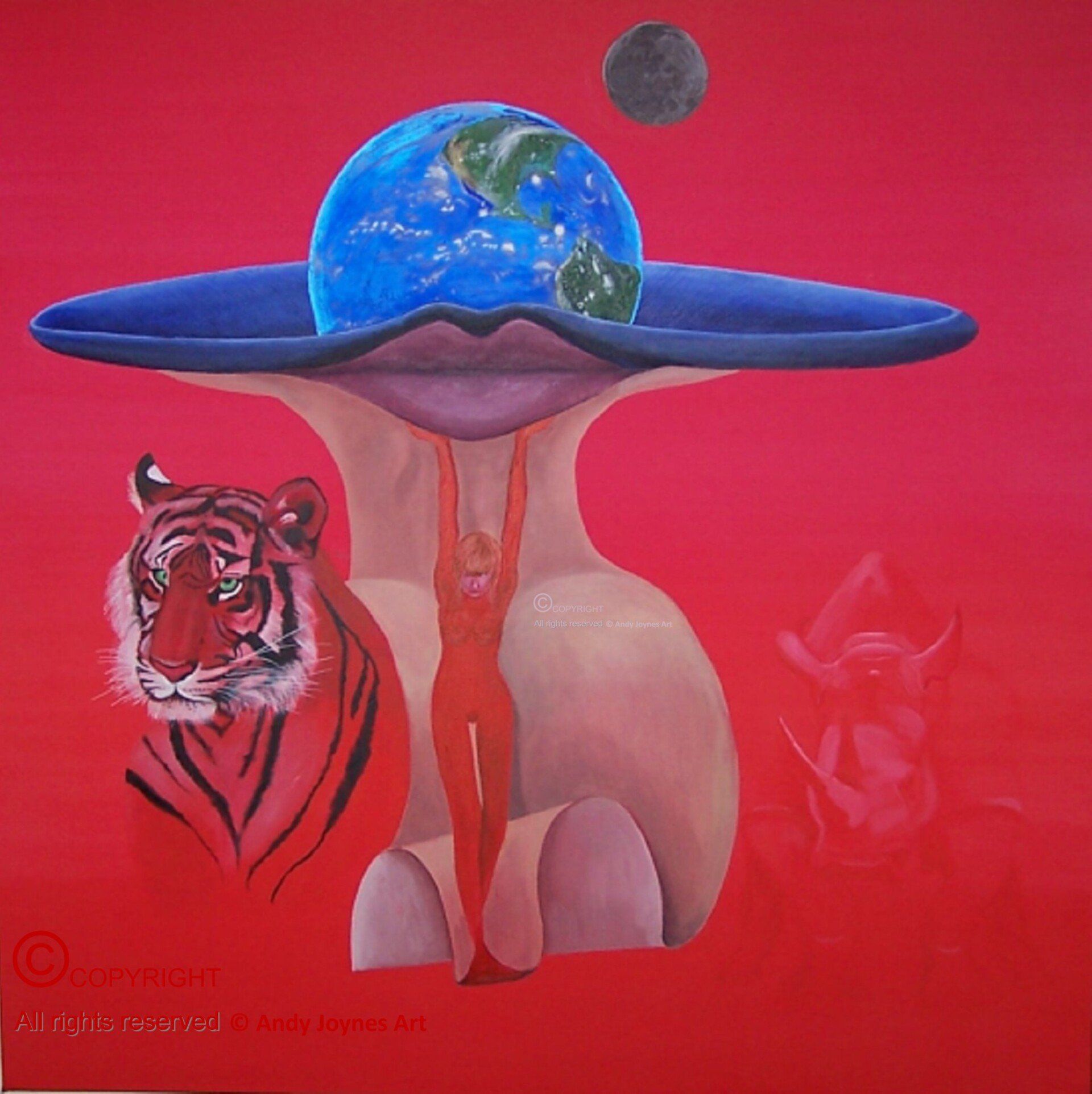 Surreal image of a woman holding up the world with the endangered species of a tiger and rhinoceros