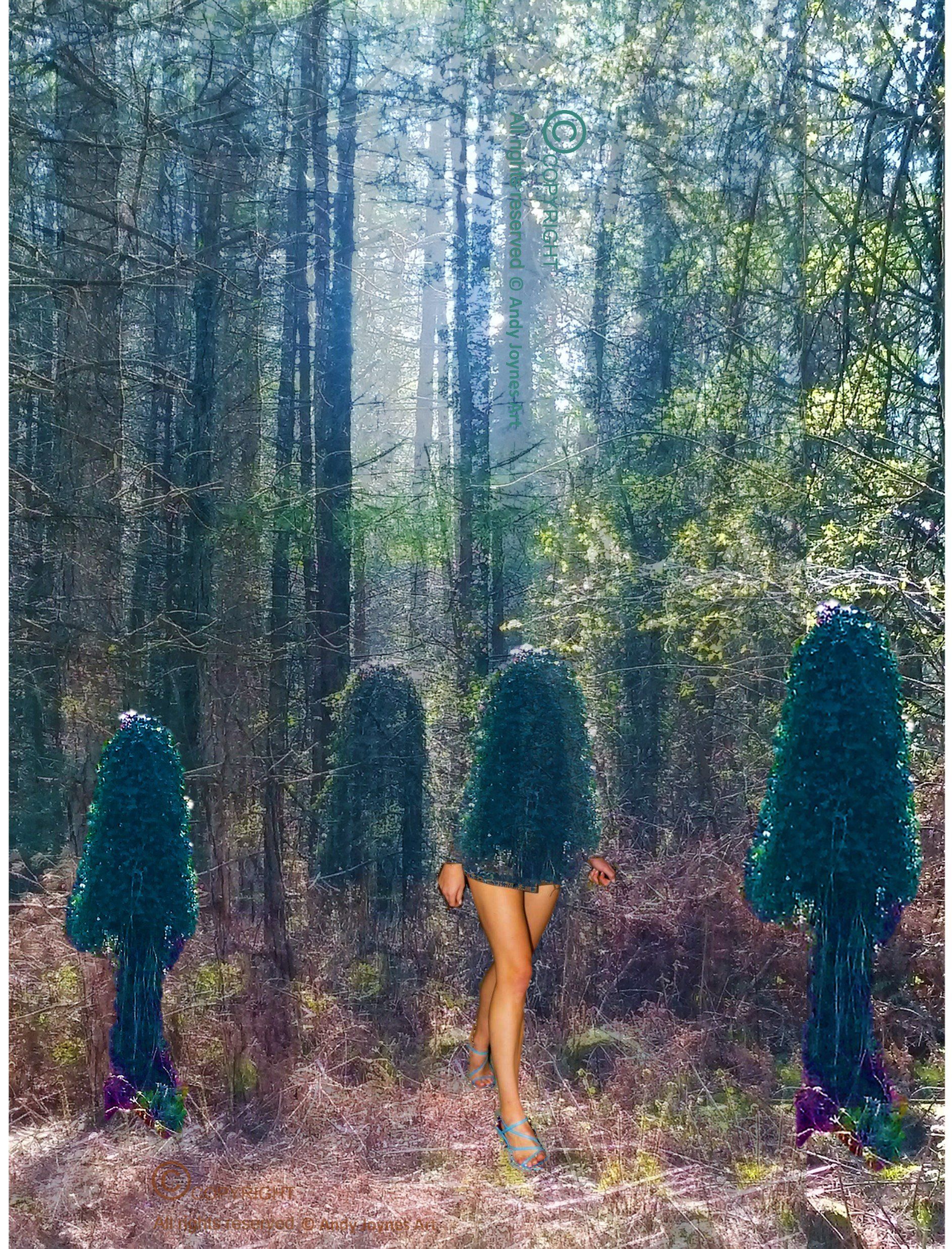 A woodland scene with a disguised female celebrity walking in the woods, surrounded by bodyguards. Humour.