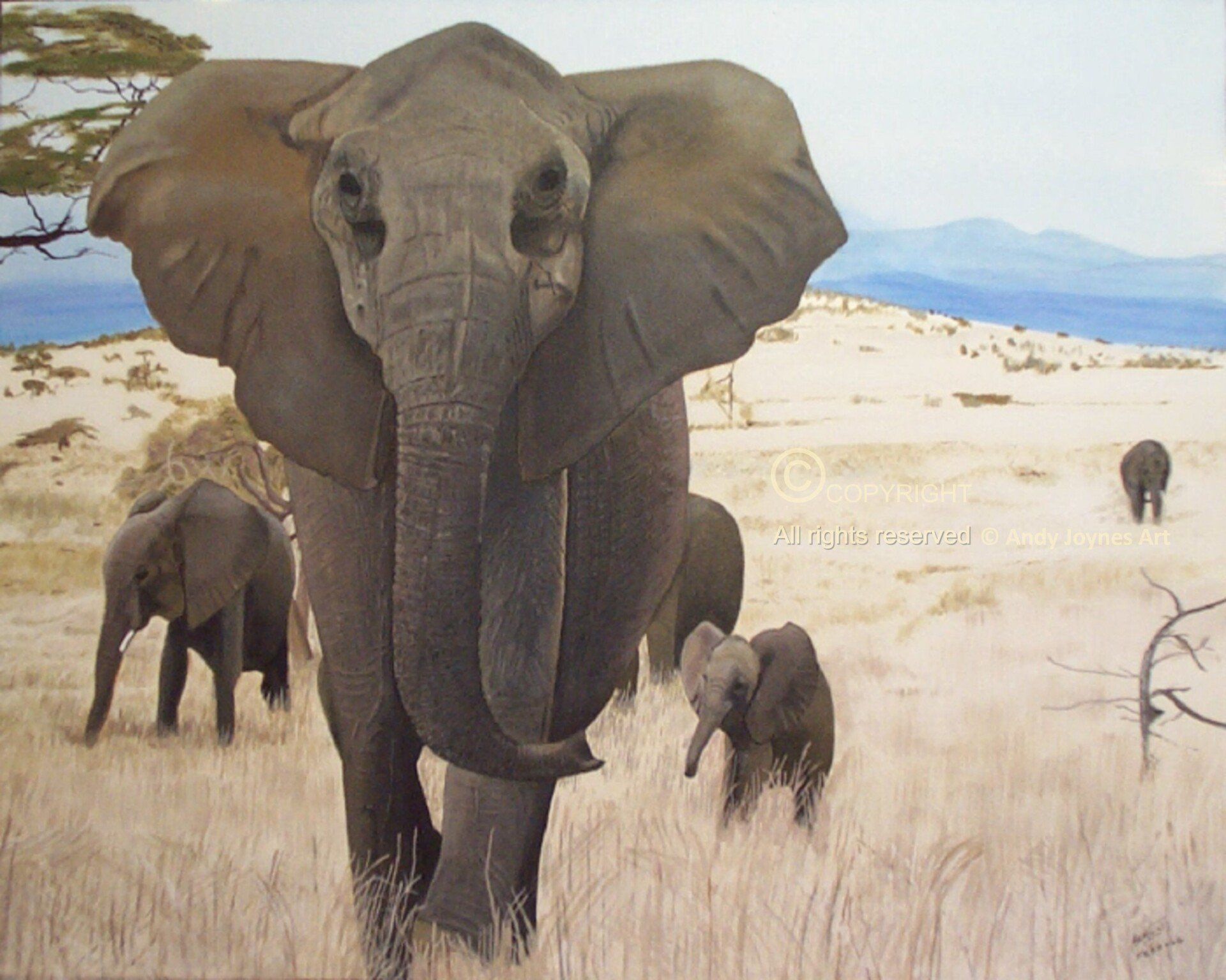 An African Elephant with babies on an African Savanna scene