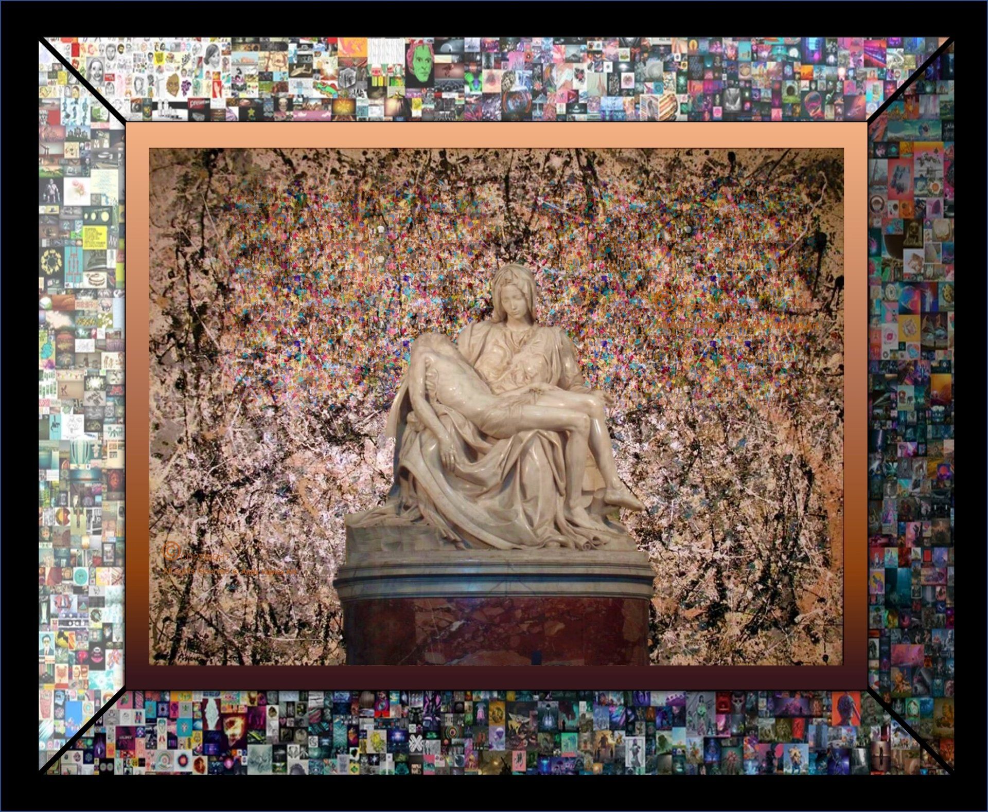 A combined image of works by Michelangelo, Jackson Pollock and Beeple