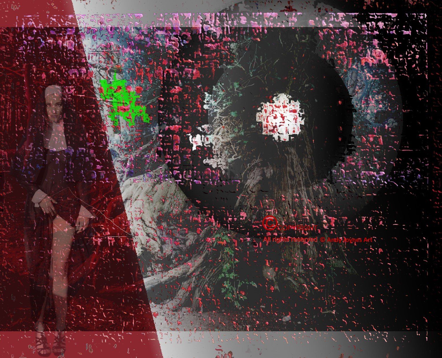 A surreal picture of a Yew tree and a Nun