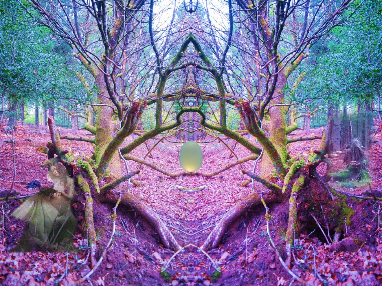 A surreal scene in a magical woodland with medicine doctors and a translucent green globe