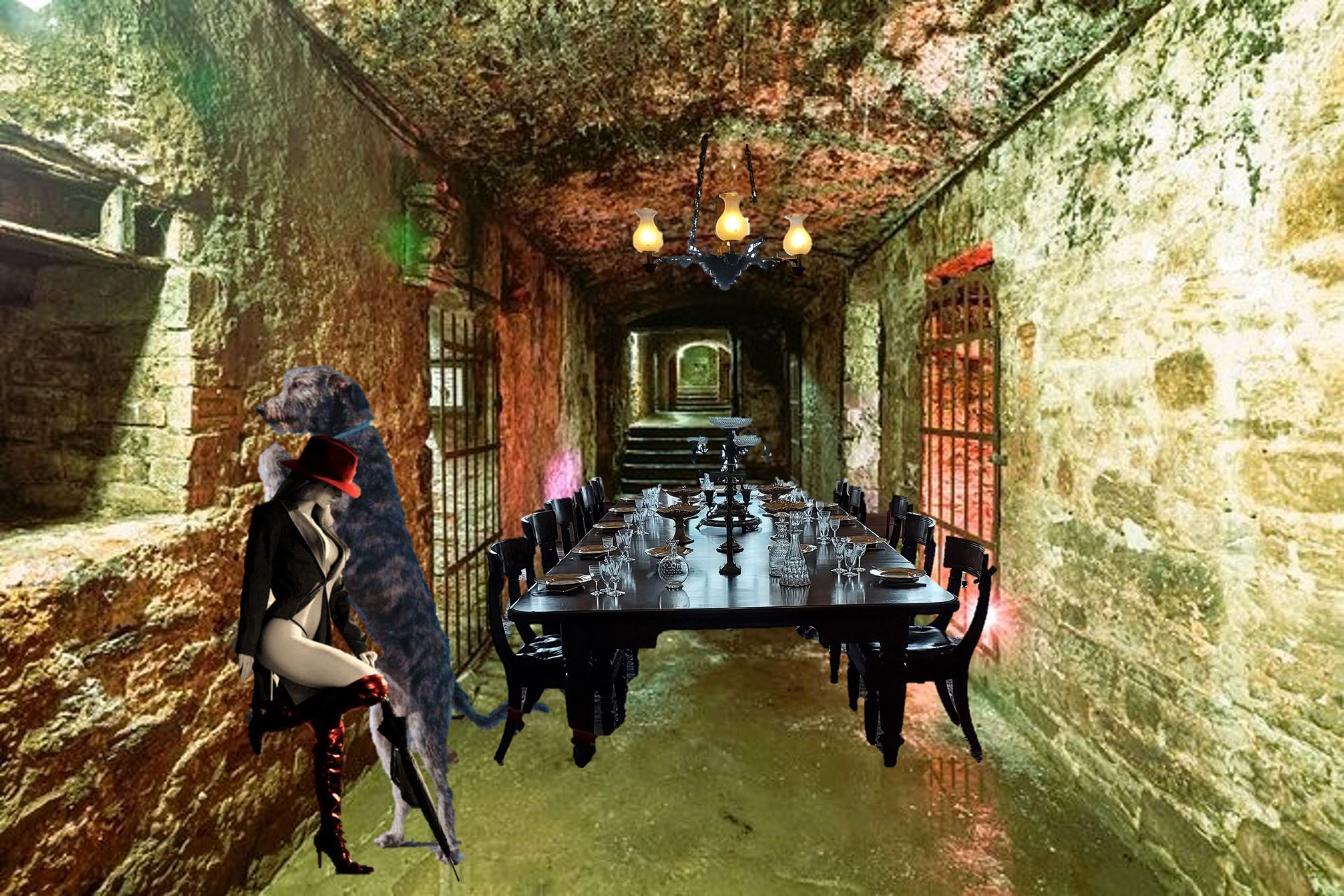 Waiting for guests to arrive at a party. An Irish Wolfhound looks out from a window.  Dressed especially, the host is wondering about the expertise of the party planner.