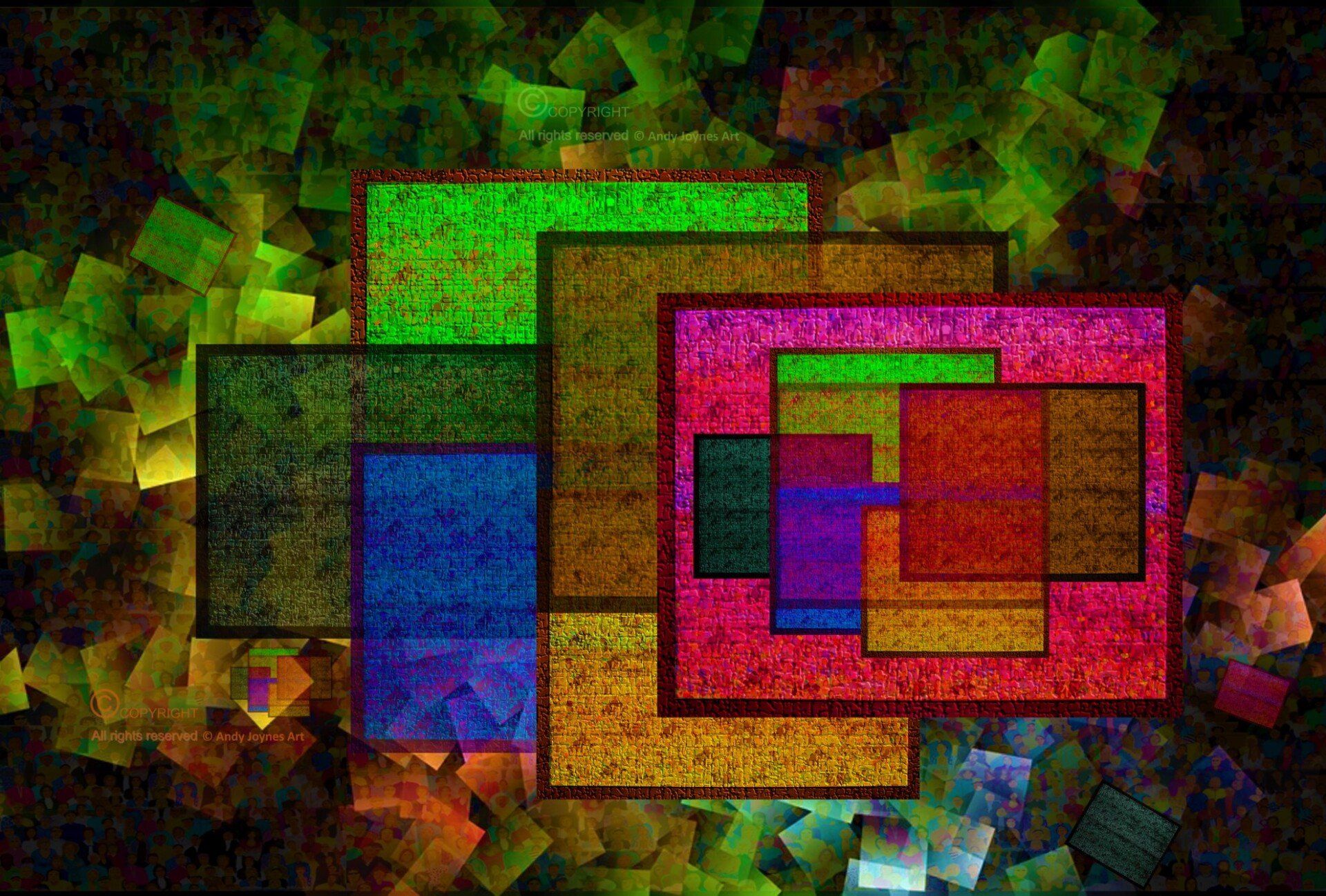 A Cubist style collection of brightly coloured boxes with backgrounds of crowds of people