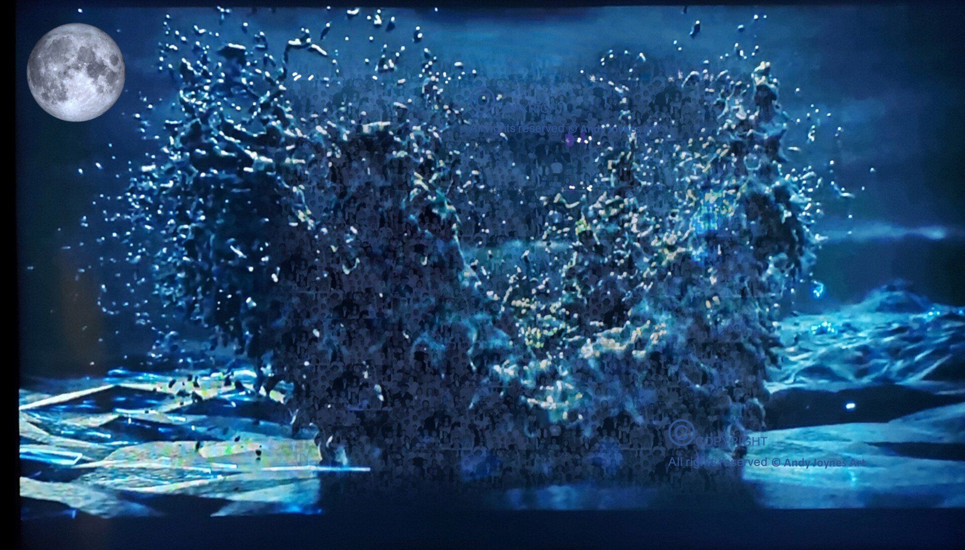 A heavy splashing blue seascape with a clear moon in the sky