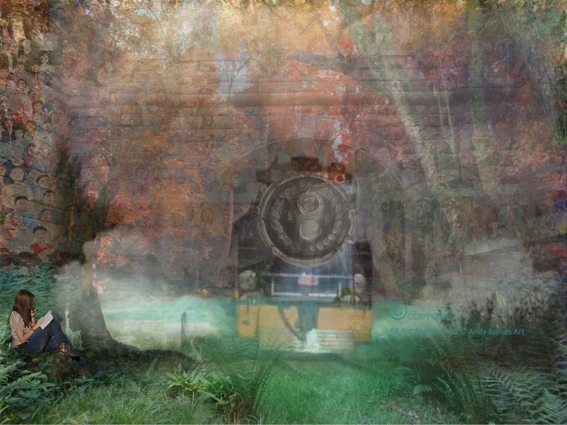 An image of a steam train  leaving a tunnel in the middle of a woodland forest