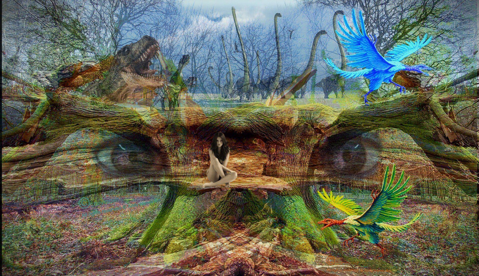 A brightly coloured surreal woodland scene including Dinosaurs, a young naked woman and two large eyes watching the viewer from an ancient tree tree