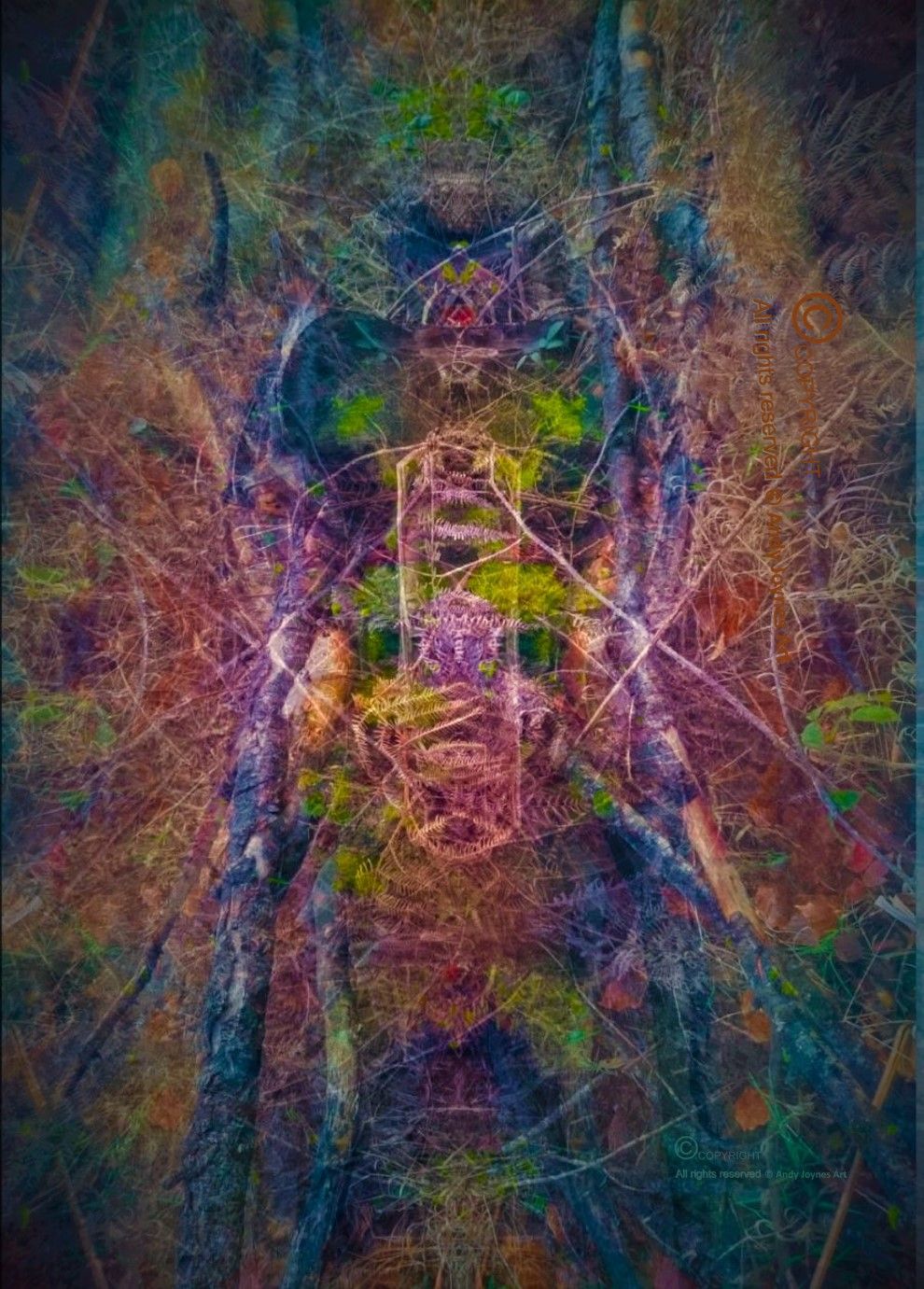 An abstract image of colourful wild plant life with a surreal figure hidden in the undergrowth.