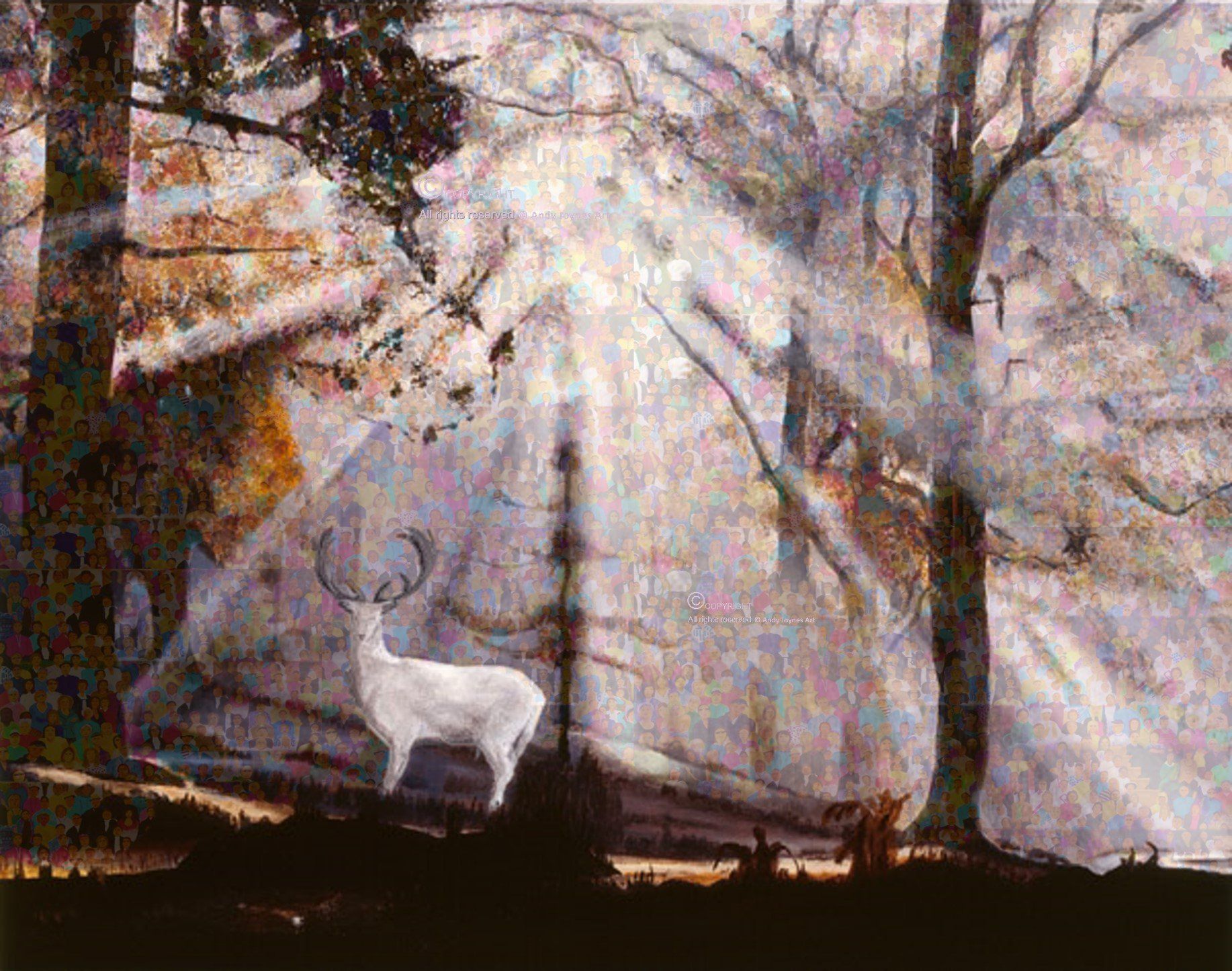A White Stag standing proud in woodland with shafts of sunlight beaming through the trees
