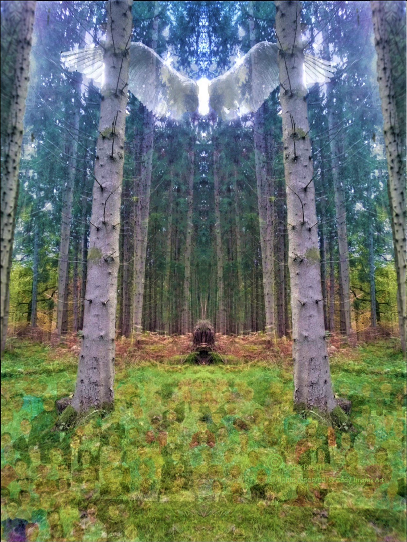A mystical woodland scene with a white winged angel