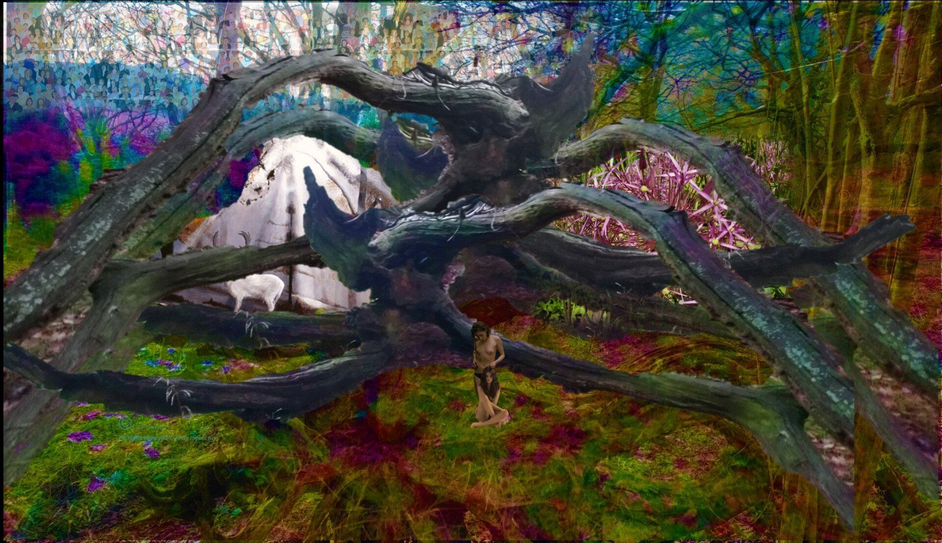 A surreal scene of intertwining ancient tree branches with a white stag and two young women