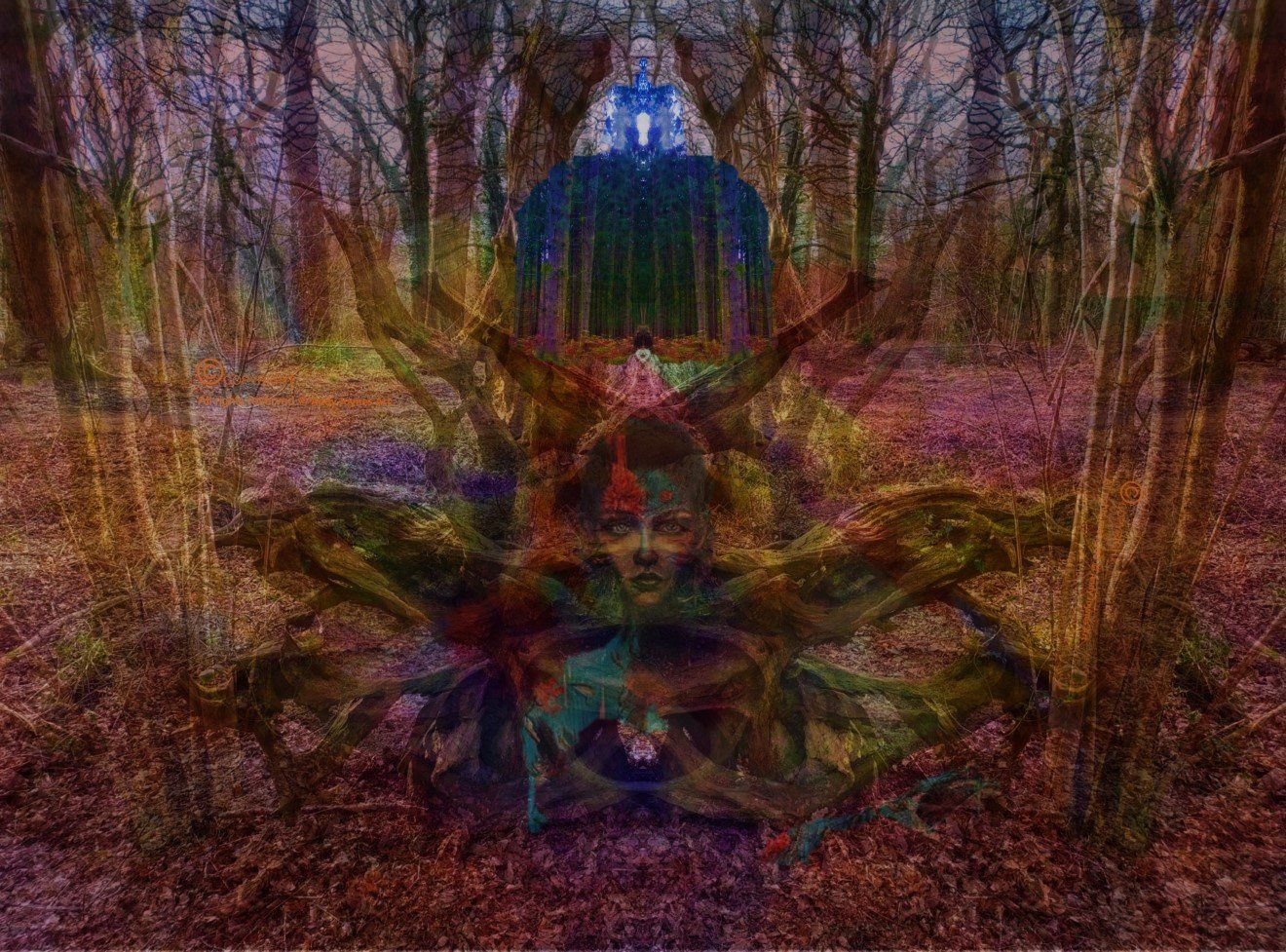 A surreal forest twilight scene with a blue mythical figure and a female face looking from inside a tree