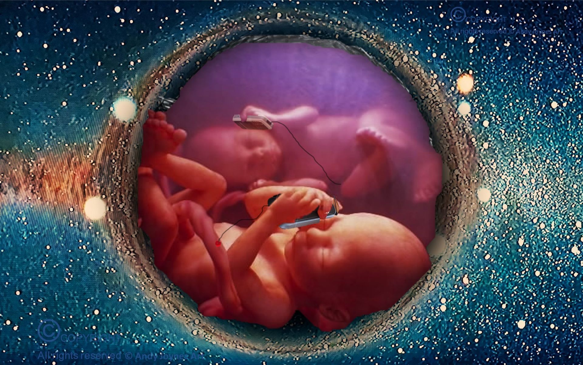 Twin babies in the womb holding mobile phones