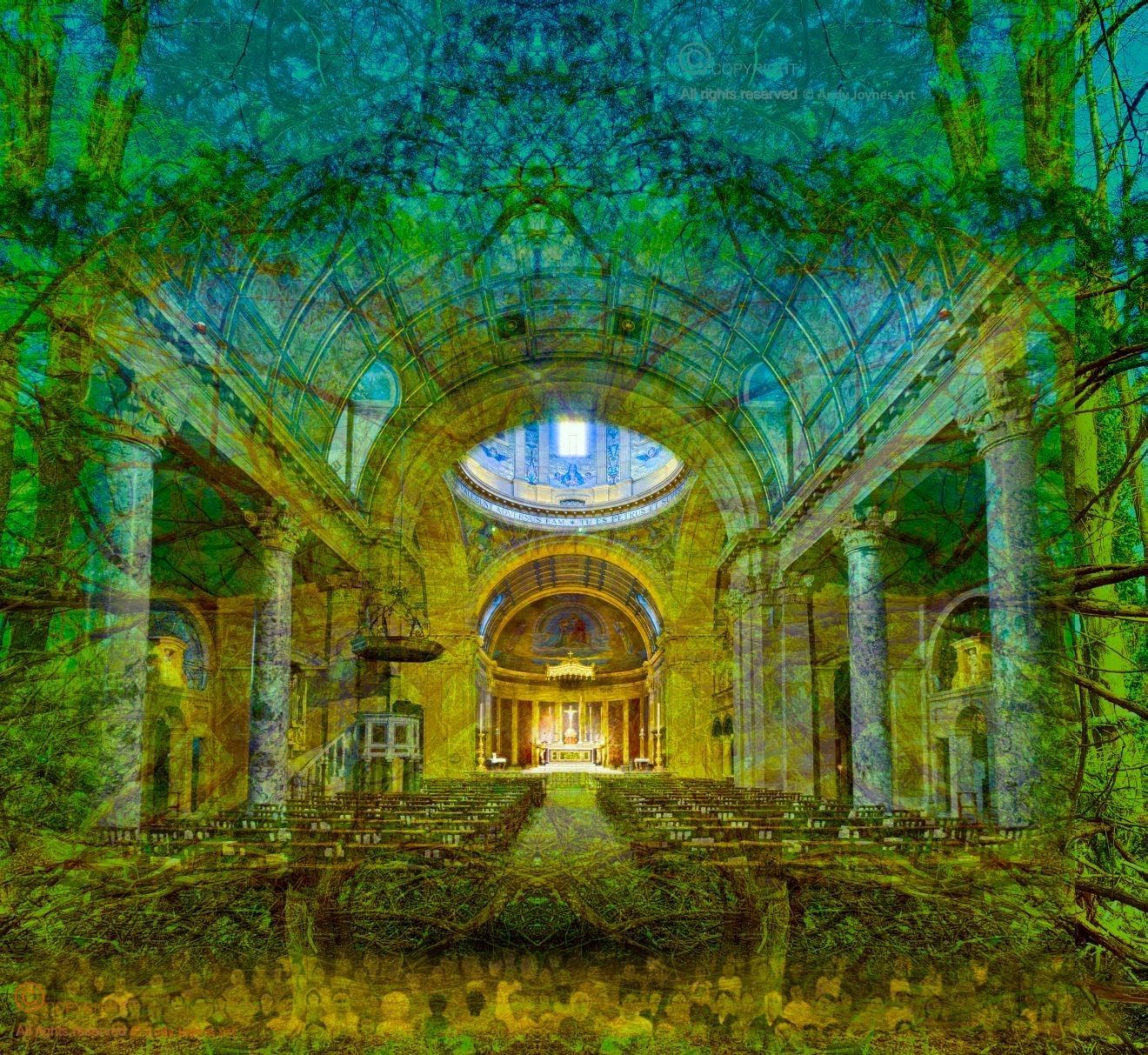 A surreal image of an ancient church combined with woodland inside it, and people of the past watching.