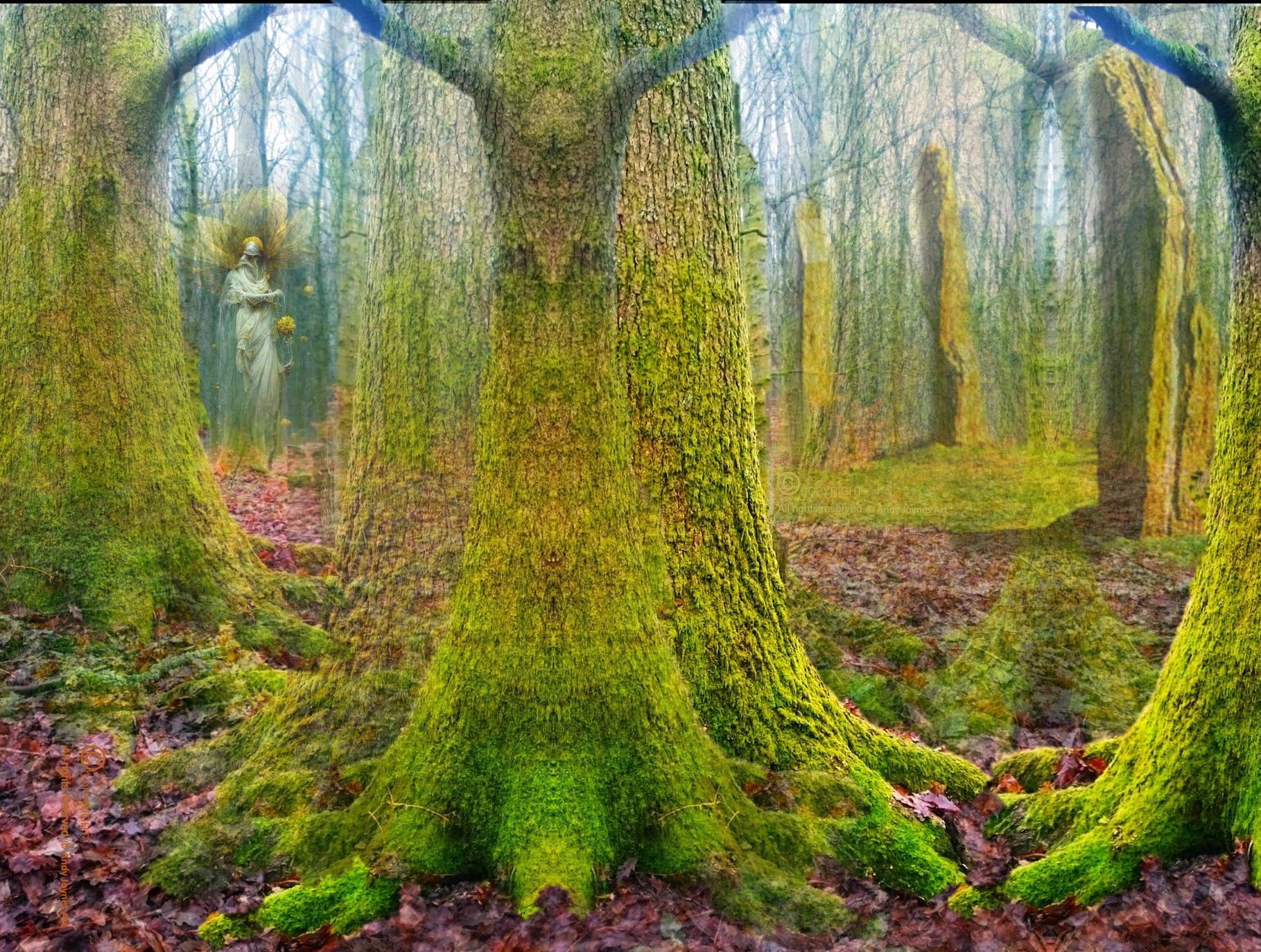 An Andy Joynes artwork of an ancient woodland glade deep in the forest. The silent trees covered in years of moss. The trees have created an area where they do not go, but leave it to the Ghost.