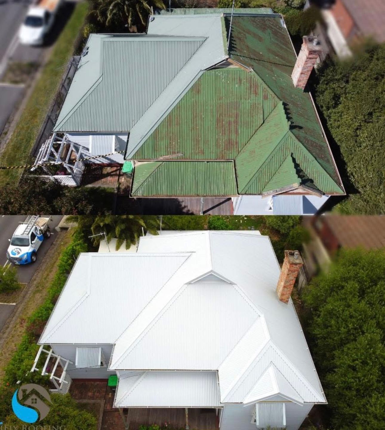 An Aerial View of a House With a Green Roof and a White Roof — iFix Roofing Bendigo in White Hills, VIC